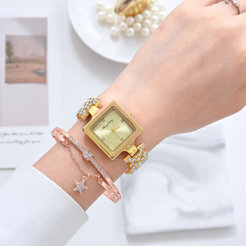 Luxury Square Dial Watches For Women Crystal Steel Quartz Ladies Watch Set Fashion Bracelet Female's Wristwatch Rose Gold Gift