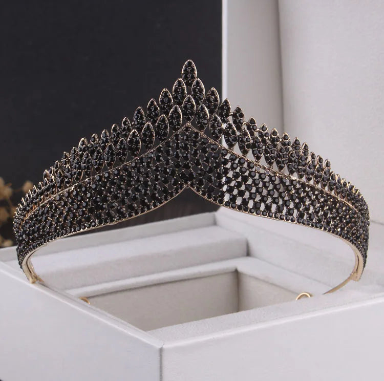 Baroque Gold Color Black Crystal Heart Bridal Jewelry Sets Rhinestone Crowns Tiaras Necklace Earrings Wedding Dubai Jewelry Set