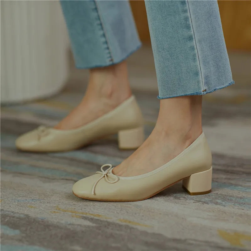 2025 Genuine Leather Women Shoes Fashion Butterfly-knot Spring and Autumn Pumps Slip-On Casual Shoes Chunky Heel Size 34-40