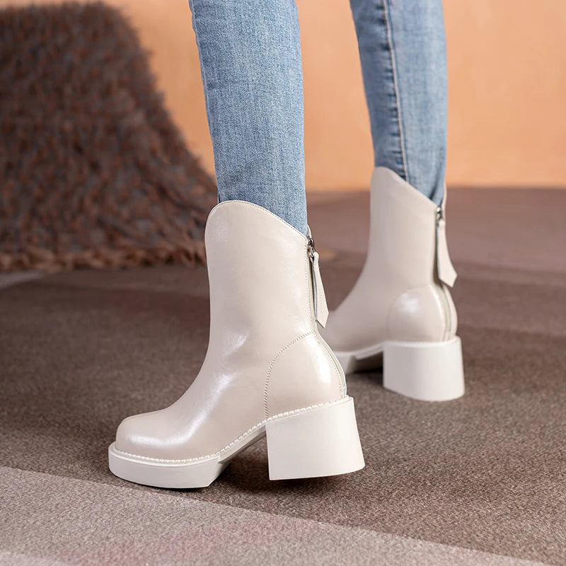 2022 Winter New Women Boots Women Shoes Round Toe Square Heel Real Wool Thick Heel Short Boots Solid Color Womens Platform Heels