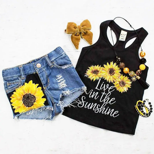 Toddler Girl Clothes Set Sleeveless Sunflower Letter Print Tank Tops with Denim Short Pants Summer Children's Sets