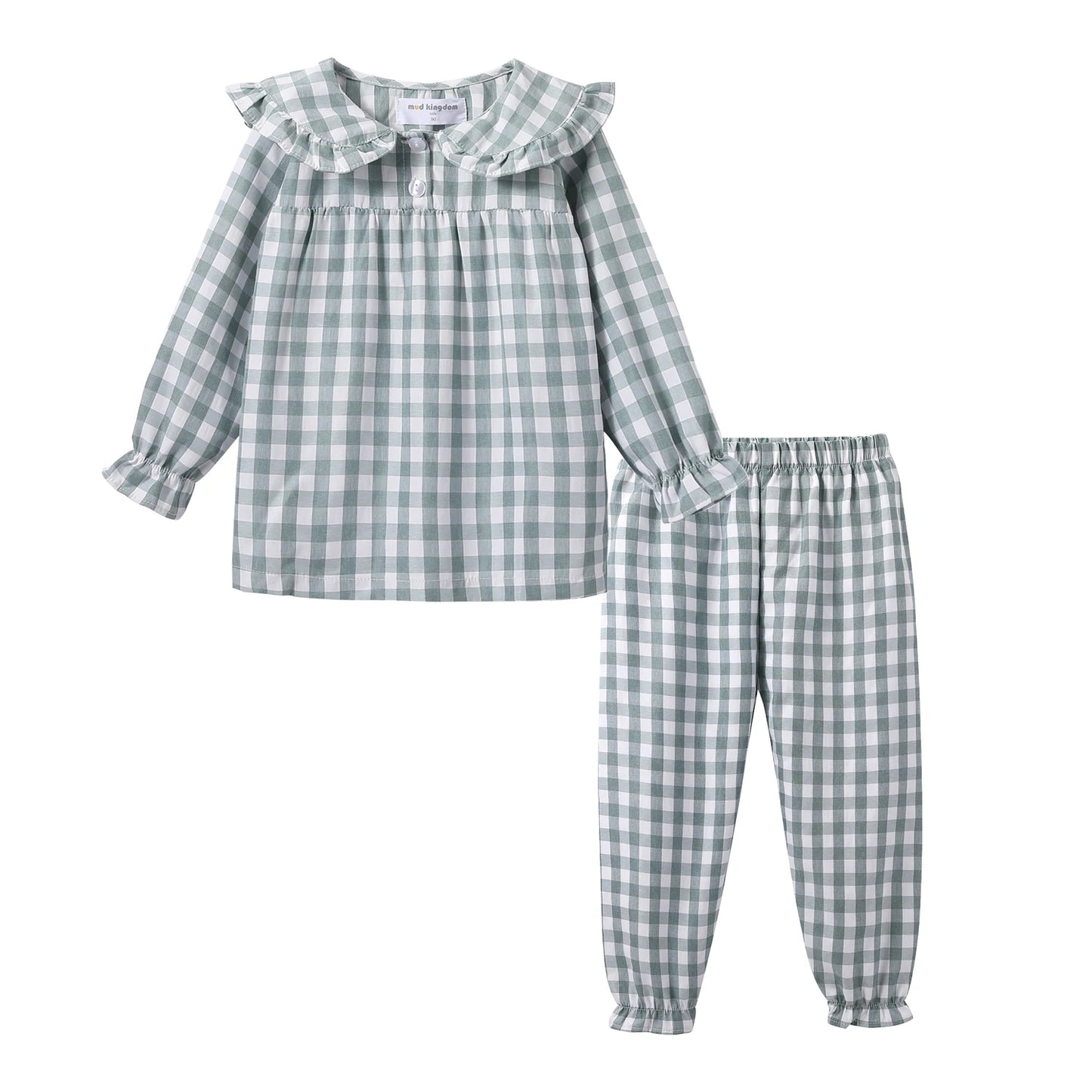 Mudkingdom-Conjunto de pijama para niñas, bonito pijama a cuadros con cuello Peter Pan, ropa para el hogar, pijamas para niños pequeños, pijamas para niñas, ropa de dormir