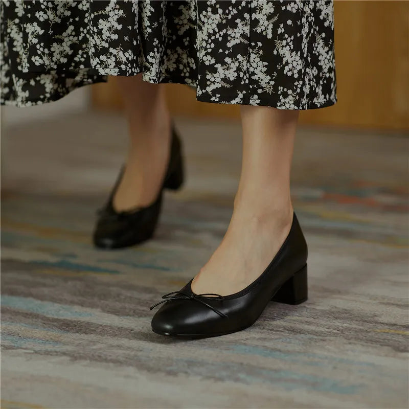 2025 Genuine Leather Women Shoes Fashion Butterfly-knot Spring and Autumn Pumps Slip-On Casual Shoes Chunky Heel Size 34-40