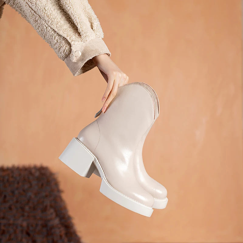 2022 Winter New Women Boots Women Shoes Round Toe Square Heel Real Wool Thick Heel Short Boots Solid Color Womens Platform Heels