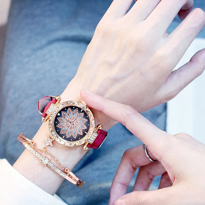 Fashion Flowers Diamond Women Watch + Bracelet Set Luxury Brand Quartz Watches Reloj Mujer Casual Leather Wristwatch Ladyes Gift