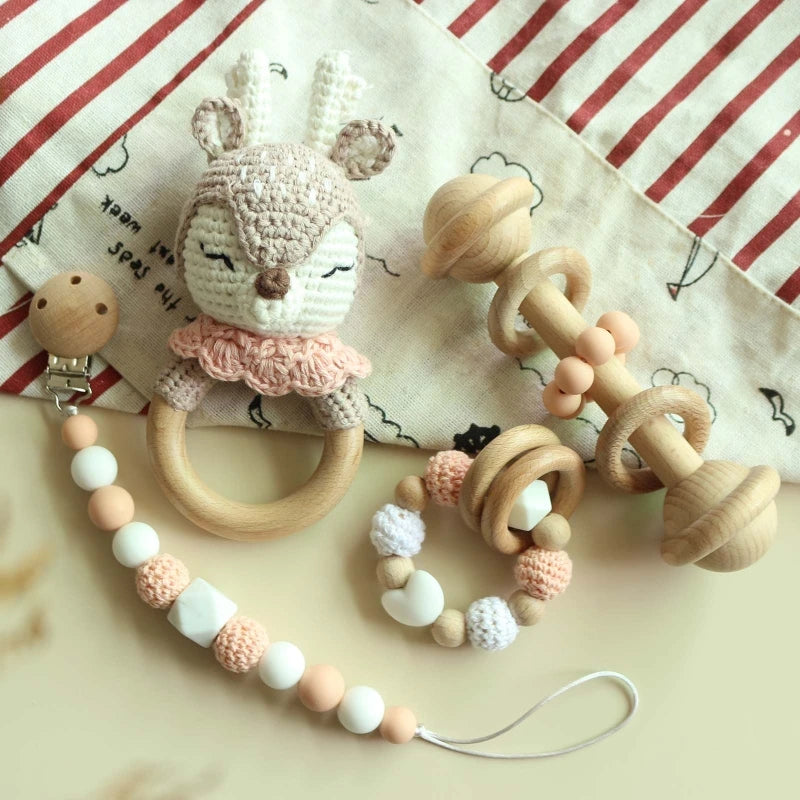 Baby Rattle Crochet Elk Fox Bear Teether Rattle With Bells Newborn Montessori Educational Toy Wooden Rings Baby Toys