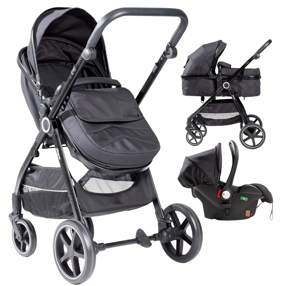 Pram 3 in 1 Modelo Versa Black Baby Stroller with Basket Seat Group 0 Features