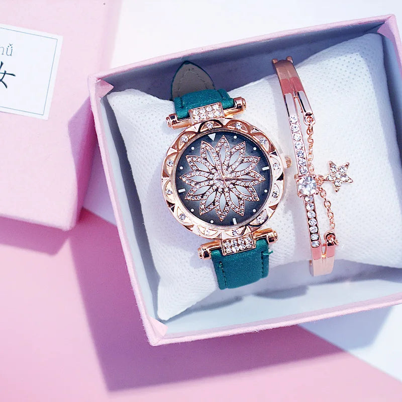 Fashion Flowers Diamond Women Watch + Bracelet Set Luxury Brand Quartz Watches Reloj Mujer Casual Leather Wristwatch Ladyes Gift
