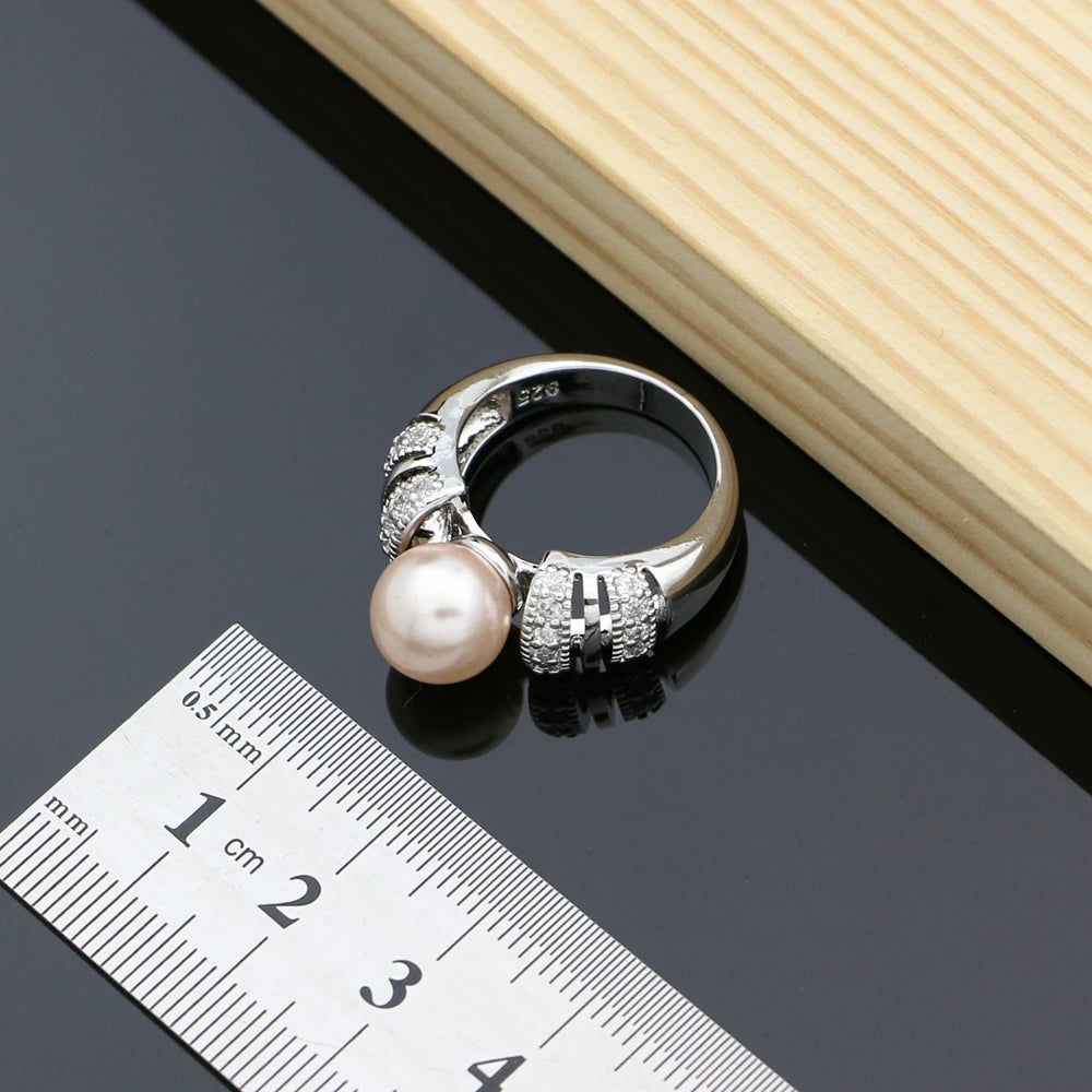 Pink Pearls Jewelry Sets 925 Silver Bridal Jewelry For Women Wedding Earrings/Pendant/Rings/Necklace Set