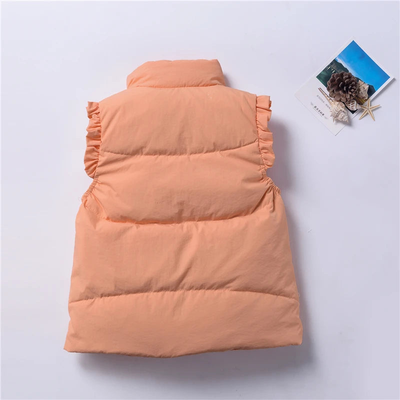 Winter Baby and Girls Ruffled Sleeves Single-Breasted Puffer Vest Jackets School Kids Down Waistcoat Child Outfit Tops 2-10 Yr