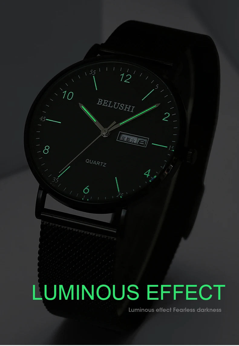 BELUSHI Quartz Watch for Men Luxury Mesh Steel Casual Watches Waterproof Business Male Wristwatch