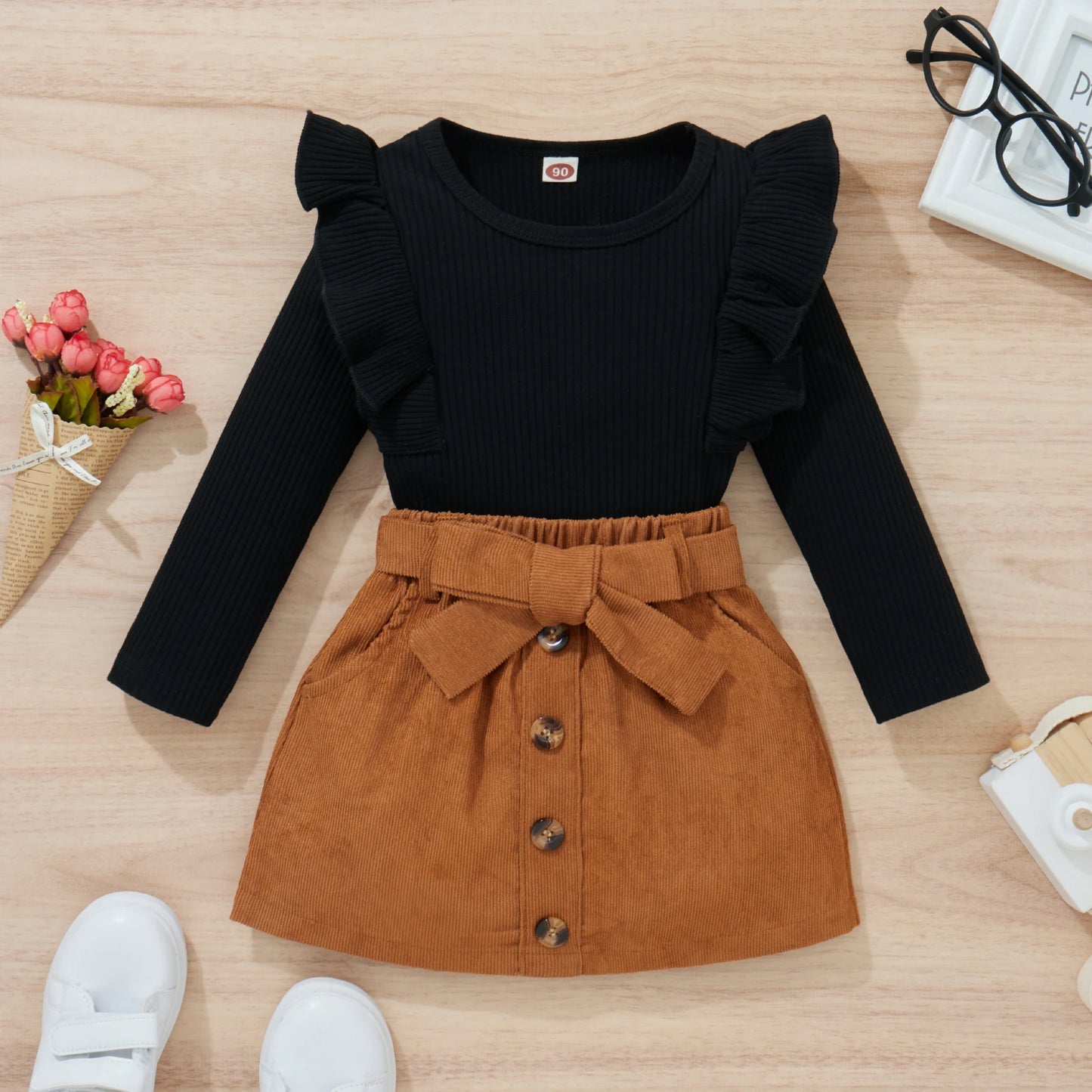 Lioraitiin 0-4Years Toddler Baby Girl 2Pcs Autumn Clothing Set Long Sleeve Solid O-Neck Top Black Shirt Bow Skirt