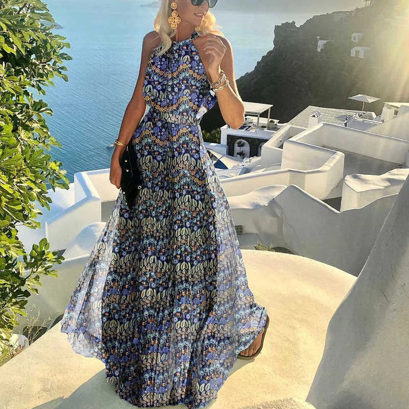 Fashion Sexy Halter Print Pleated Long Dress Women Sweet O Neck Beach Cover-Ups Robe Summer Sleeveless Casual Boho Maxi Sundress