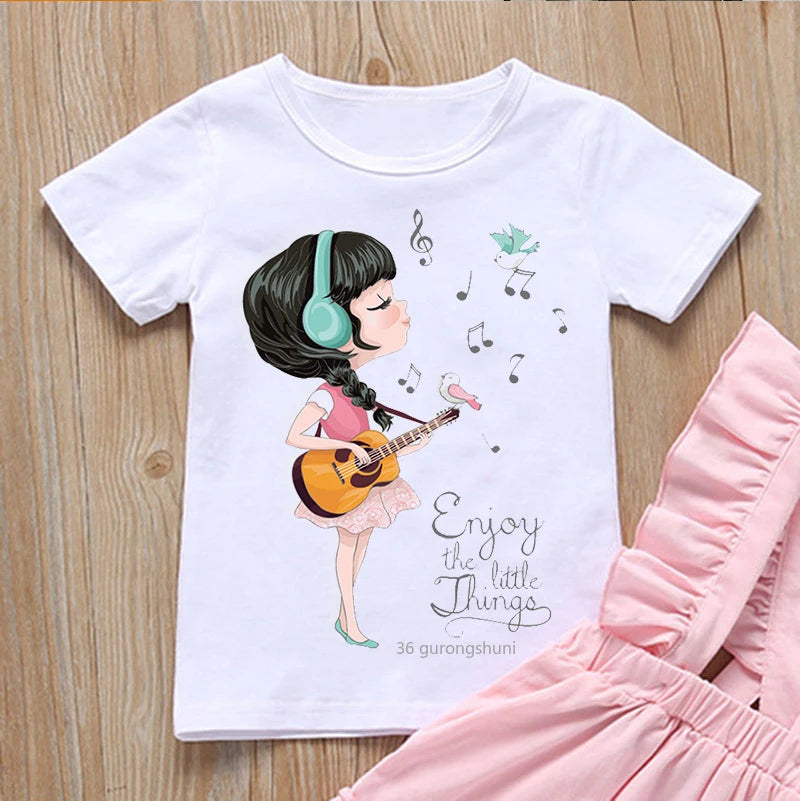 Funny Playing Guitar Girl Graphic Print Kawaii T-shirt for Girls Toddler Baby T Shirt Summer Cute Kids Clothes High Quality Tops