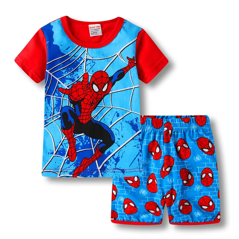 Children Pajamas Spring Short Sleeve T-Shirt Pant Sport Set ron Man SpiderMan Cartoon Kid Boy Girl Baby Sleepwear 1-7Y