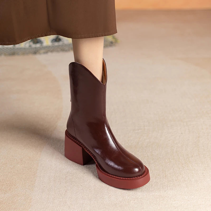 2022 Winter New Women Boots Women Shoes Round Toe Square Heel Real Wool Thick Heel Short Boots Solid Color Womens Platform Heels