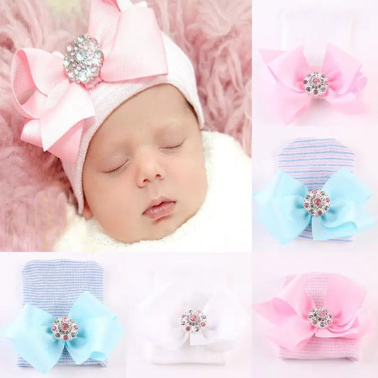 Newest Cute Baby Girl Comfy Bowknot Hospital Cap Newborn Beanie Hat