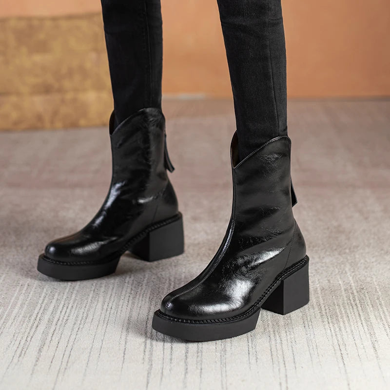 2022 Winter New Women Boots Women Shoes Round Toe Square Heel Real Wool Thick Heel Short Boots Solid Color Womens Platform Heels