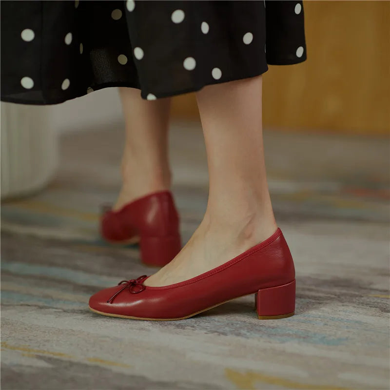 2025 Genuine Leather Women Shoes Fashion Butterfly-knot Spring and Autumn Pumps Slip-On Casual Shoes Chunky Heel Size 34-40
