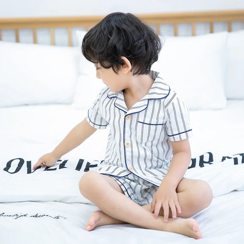 BINIDUCKLING 2021 Summer Boys Kids Pajamas Set Short Sleeves Striped Sleepwear For Toddler Cotton Pyjamas Set Children Homewear