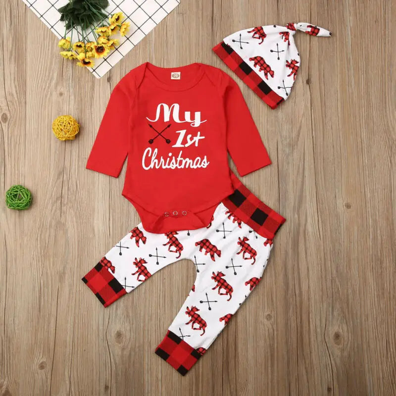 Encantador bebé niño mi primera letra navideña mameluco niños pantalón recién nacido sombrero niños trajes niña conjunto de Navidad ropa de otoño 2 uds conjunto