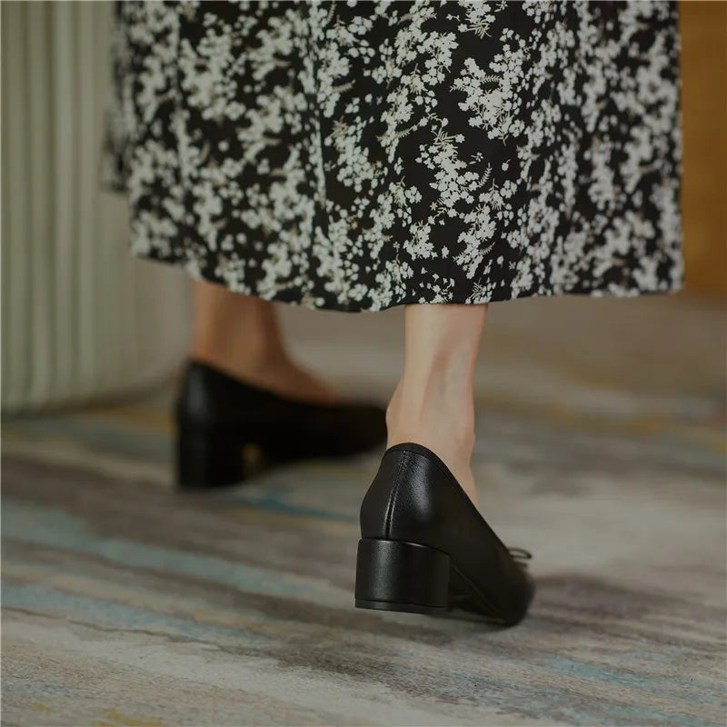 2025 Genuine Leather Women Shoes Fashion Butterfly-knot Spring and Autumn Pumps Slip-On Casual Shoes Chunky Heel Size 34-40