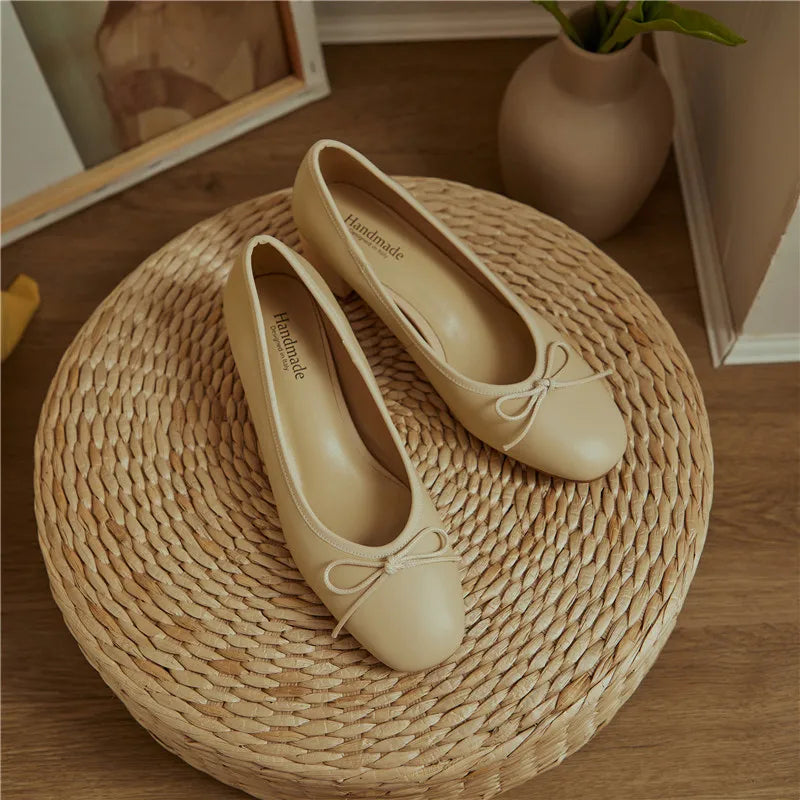 2025 Genuine Leather Women Shoes Fashion Butterfly-knot Spring and Autumn Pumps Slip-On Casual Shoes Chunky Heel Size 34-40