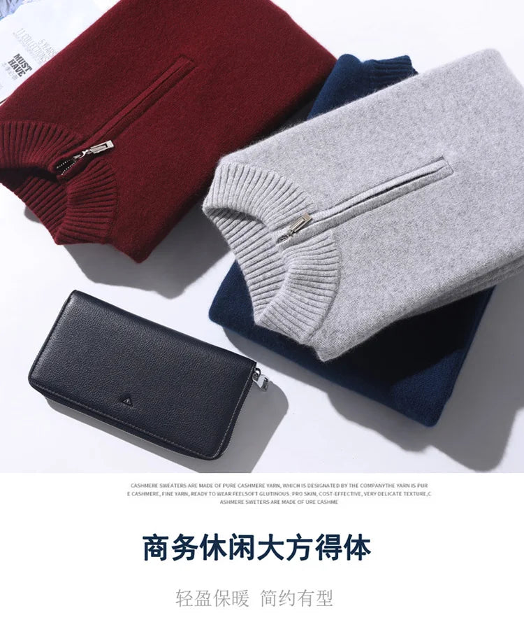 2025 New Pure Cashmere Sweater Men's Knit Large Size High-End Top 100%Wool Half High Neck Thick Pullover Winter Youth Wild Warm