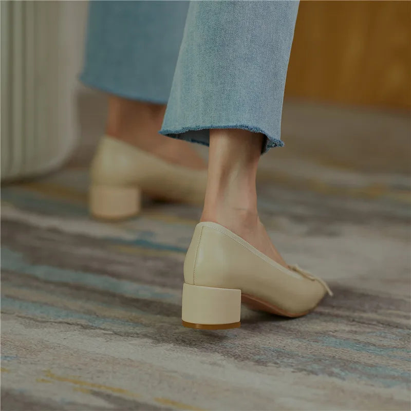 2025 Genuine Leather Women Shoes Fashion Butterfly-knot Spring and Autumn Pumps Slip-On Casual Shoes Chunky Heel Size 34-40