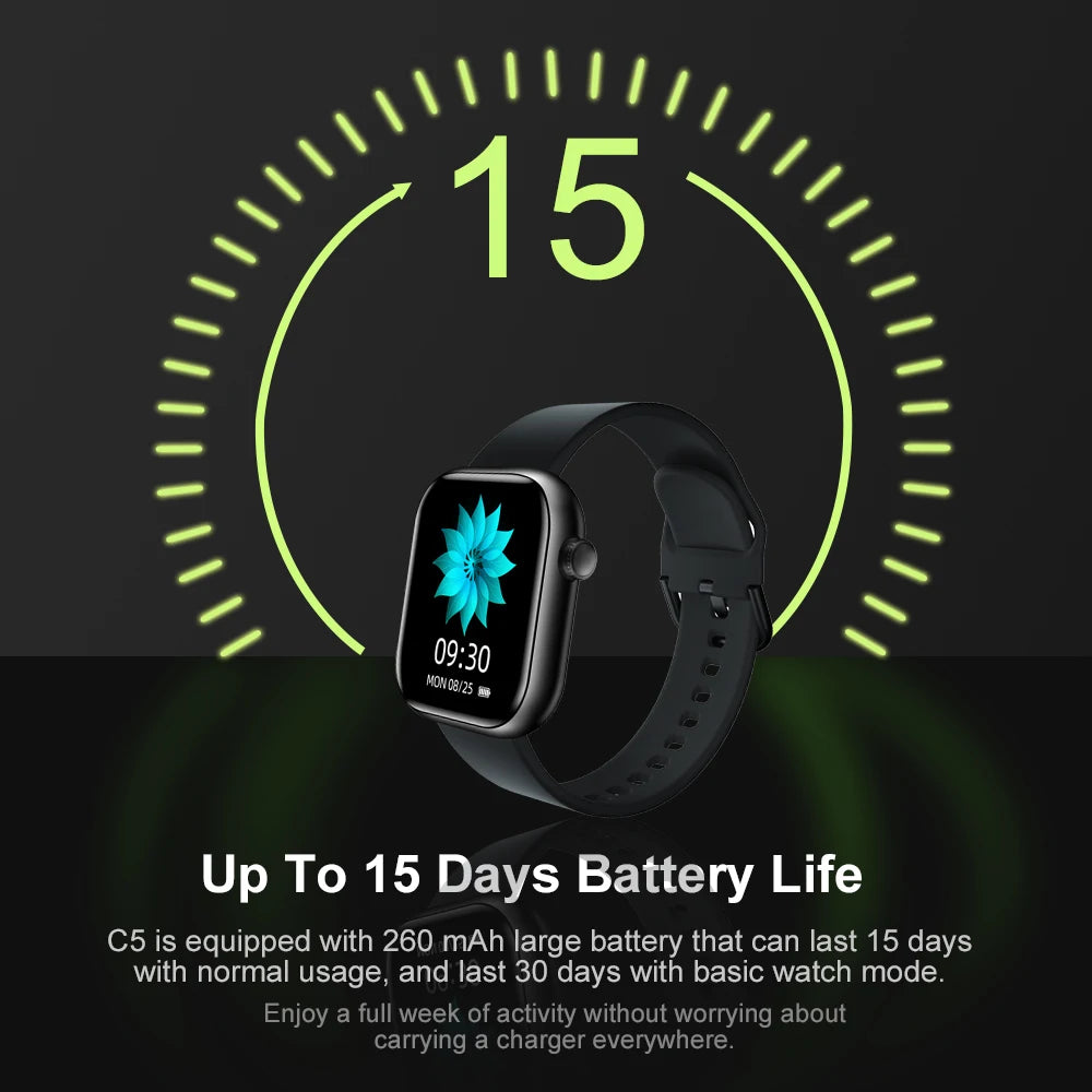 Cubot C5 Smart Watch 1.7"Heart Rate Monitor 10 Sport Modes 5ATM Waterproof Call Message Notification Women Men Sports Smartwatch