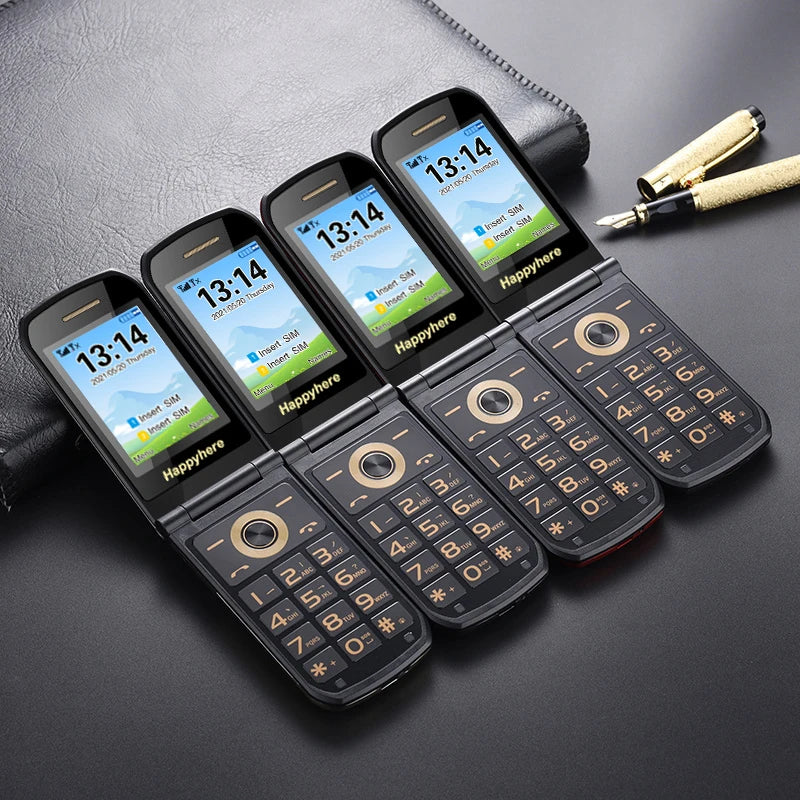 Happyhere F18 unlocked Flip Mobile Phones dual screen Speed dial celular SOS MP3 FM torch Push-button keyboard cheap cell phone