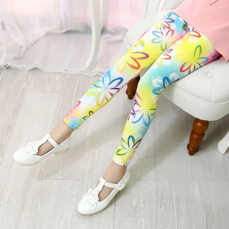 Girls Leggings Stretch Spring Summer Flower Printed Kids Children Pants