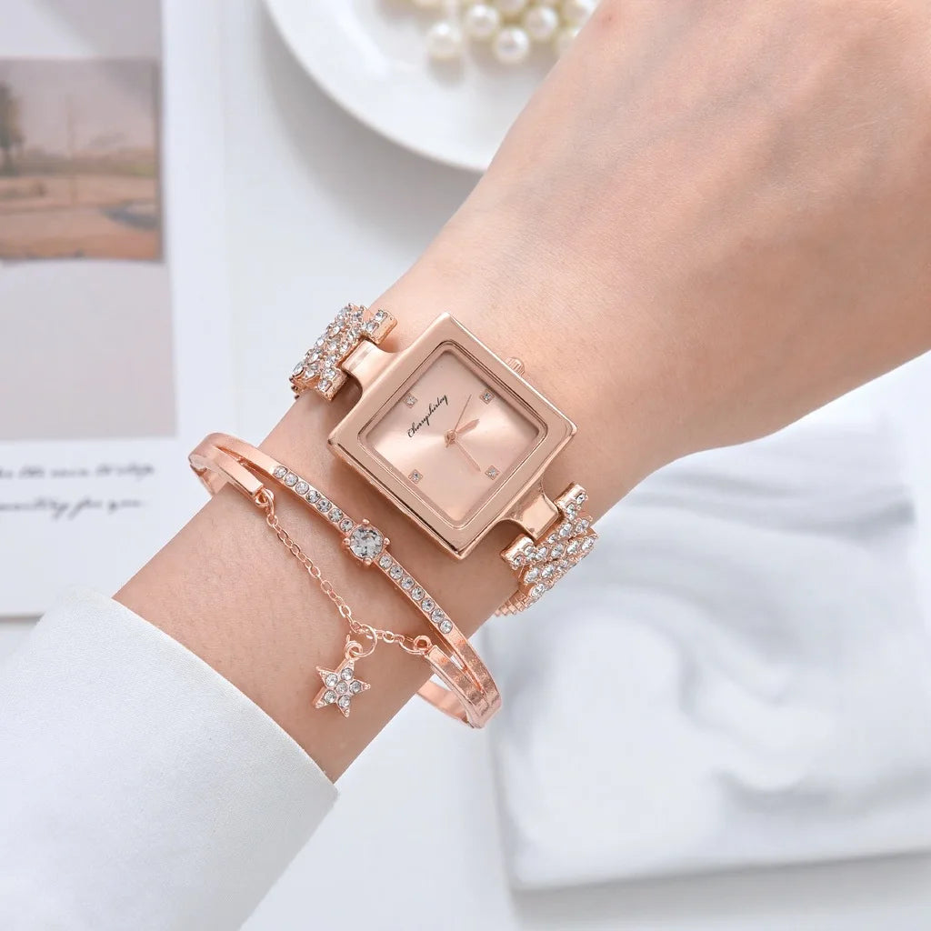 Luxury Square Dial Watches For Women Crystal Steel Quartz Ladies Watch Set Fashion Bracelet Female's Wristwatch Rose Gold Gift