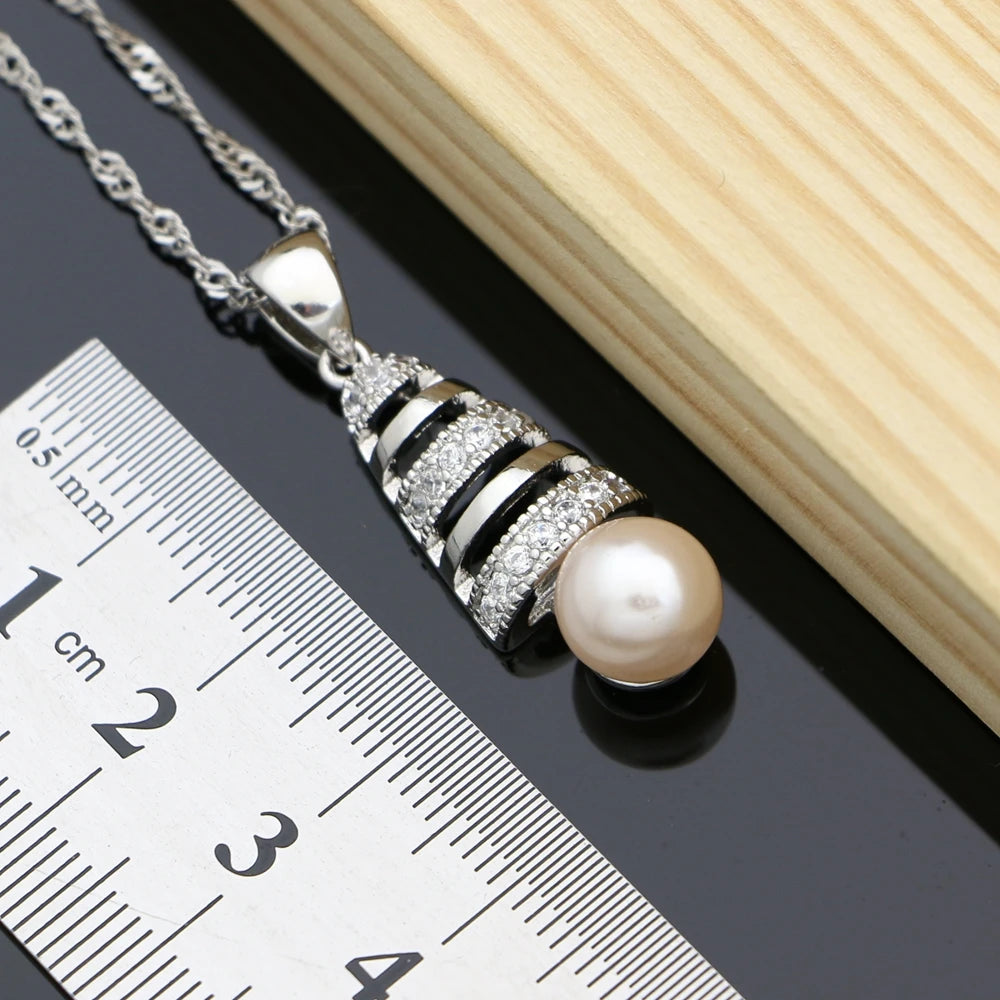 Pink Pearls Jewelry Sets 925 Silver Bridal Jewelry For Women Wedding Earrings/Pendant/Rings/Necklace Set