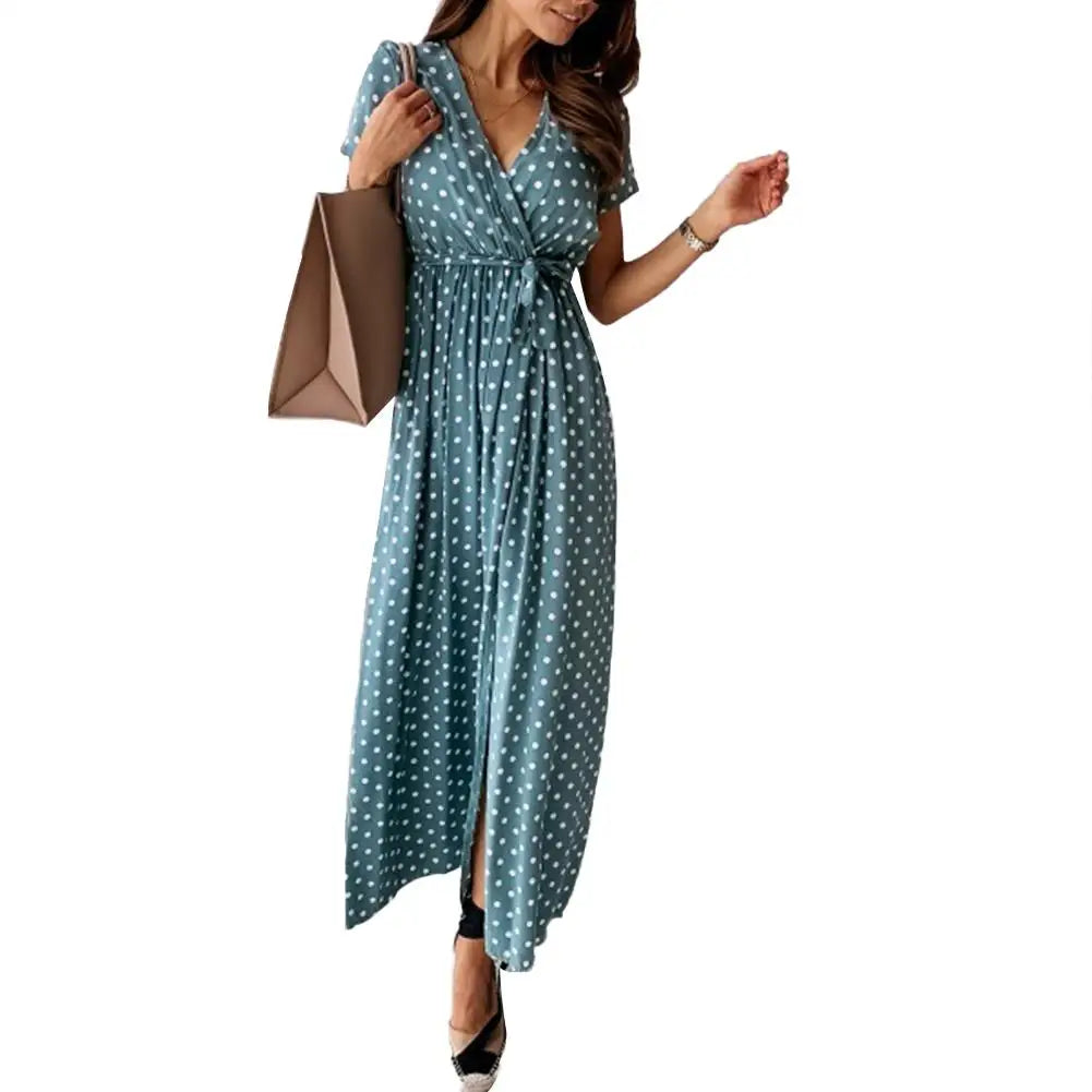 Women's Dress V-neck Summer Wrap Dresses Women Fashion V Neck Short Sleeve Belt Dots Print Front Slitting Hem Long Dress