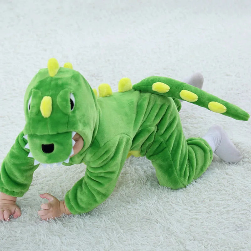 Pijamas de dinosaurio verde para bebé recién nacido, ropa para niño y niña, peleles infantiles, disfraz de Anime de Animal, mono con capucha, mono de invierno