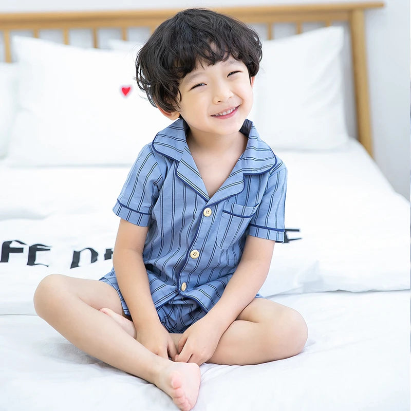 BINIDUCKLING 2021 Summer Boys Kids Pajamas Set Short Sleeves Striped Sleepwear For Toddler Cotton Pyjamas Set Children Homewear