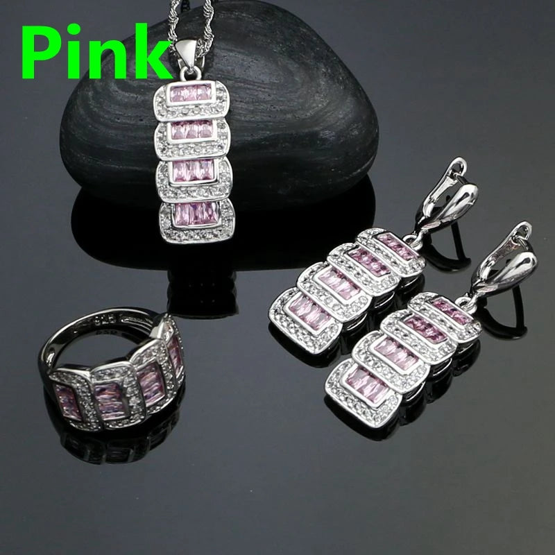 925 Silver Bridal Jewelry Sets For Women Multicolor Cubic Zirconia White Crystal Earrings Pendant Ring Necklace