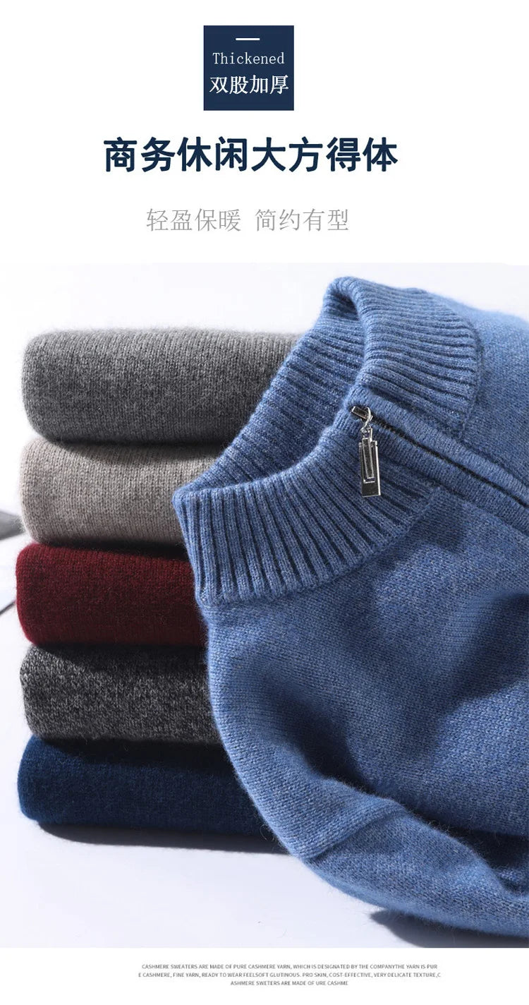 2025 New Pure Cashmere Sweater Men's Knit Large Size High-End Top 100%Wool Half High Neck Thick Pullover Winter Youth Wild Warm