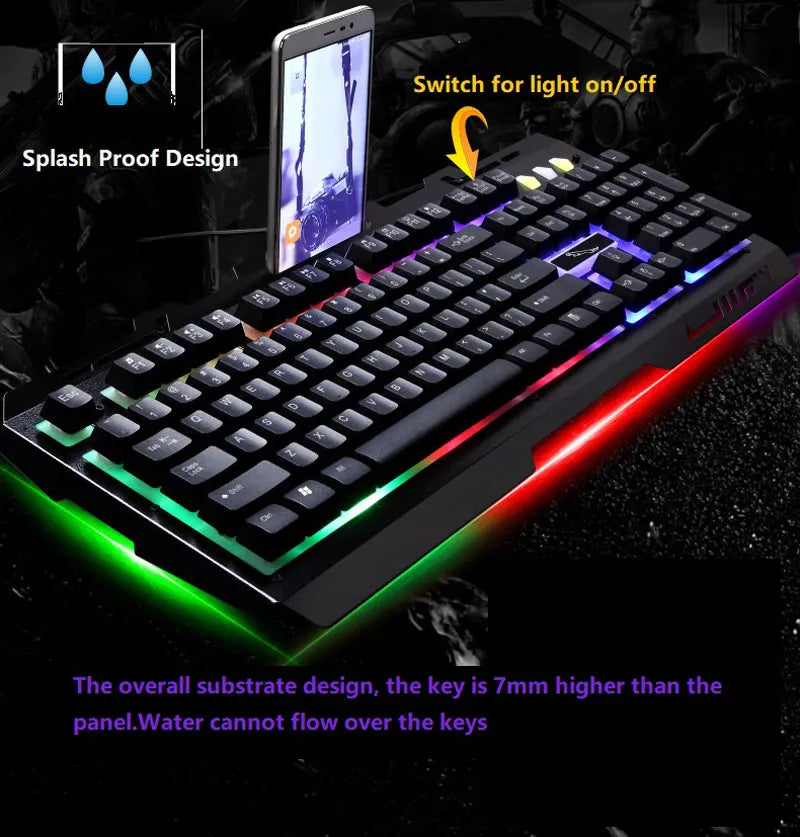 Wired Gaming Keyboard with Phone Holder Suspended Button Mechanical Touch Sense Metal Panel 104 Laser Gamer Keycaps RGB Lighting