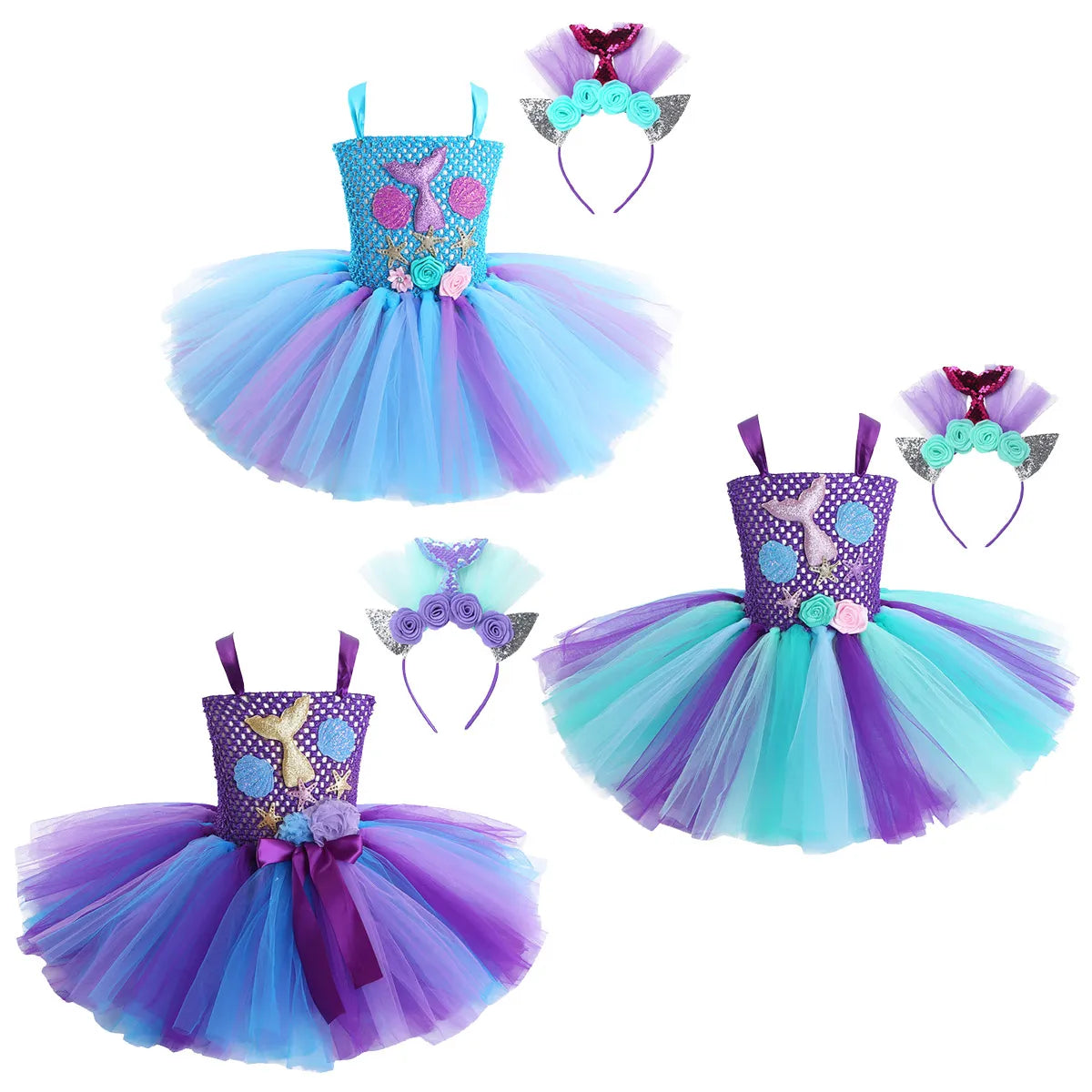 Kids Girls Cosplay Party Dress Princess Dress Up Mermaid Tulle Tutu Dresses Theme Birthday Party Costume with Flower Headband