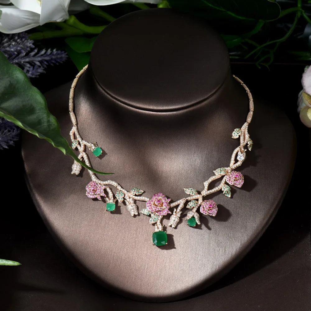 HIBRIDE Gold Color Rose Flower Bridal Necklace Jewelry Sets Luxury CZ Jewelry for Women Wedding Accessories bijoux femme N-1227