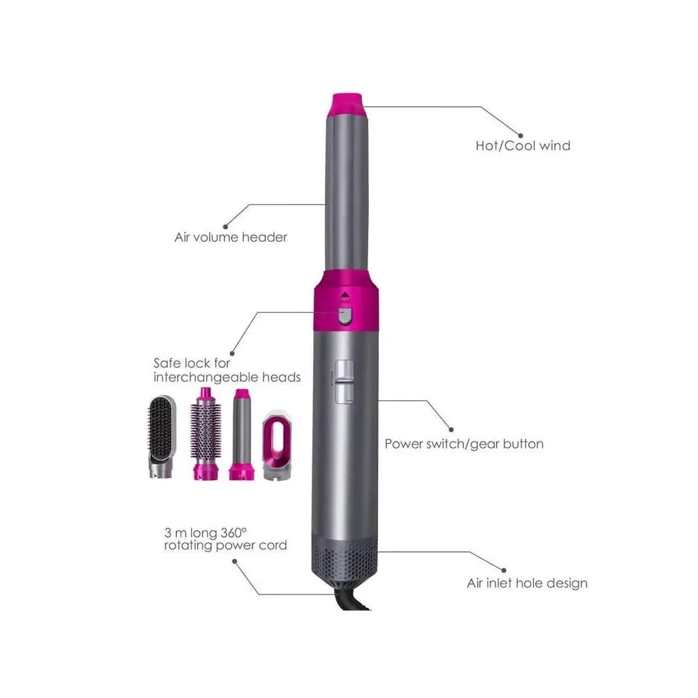 5-in-1 Multi-Purpose Air Brush Hair Dryer with Quick-Drying Curling Wand Styling Shaper and Curling Accessory
