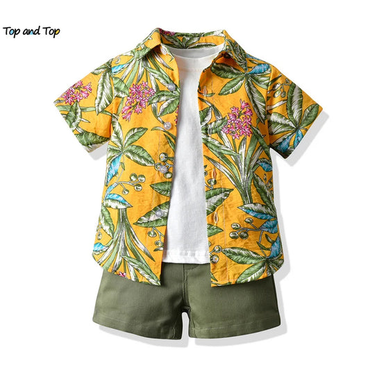 top and top New Hawaiian Style Kids Boys Casual Clothing Set Floral Short Sleeve Shirt+Tshirt+Shorts 3Pcs Gentleman Outfits