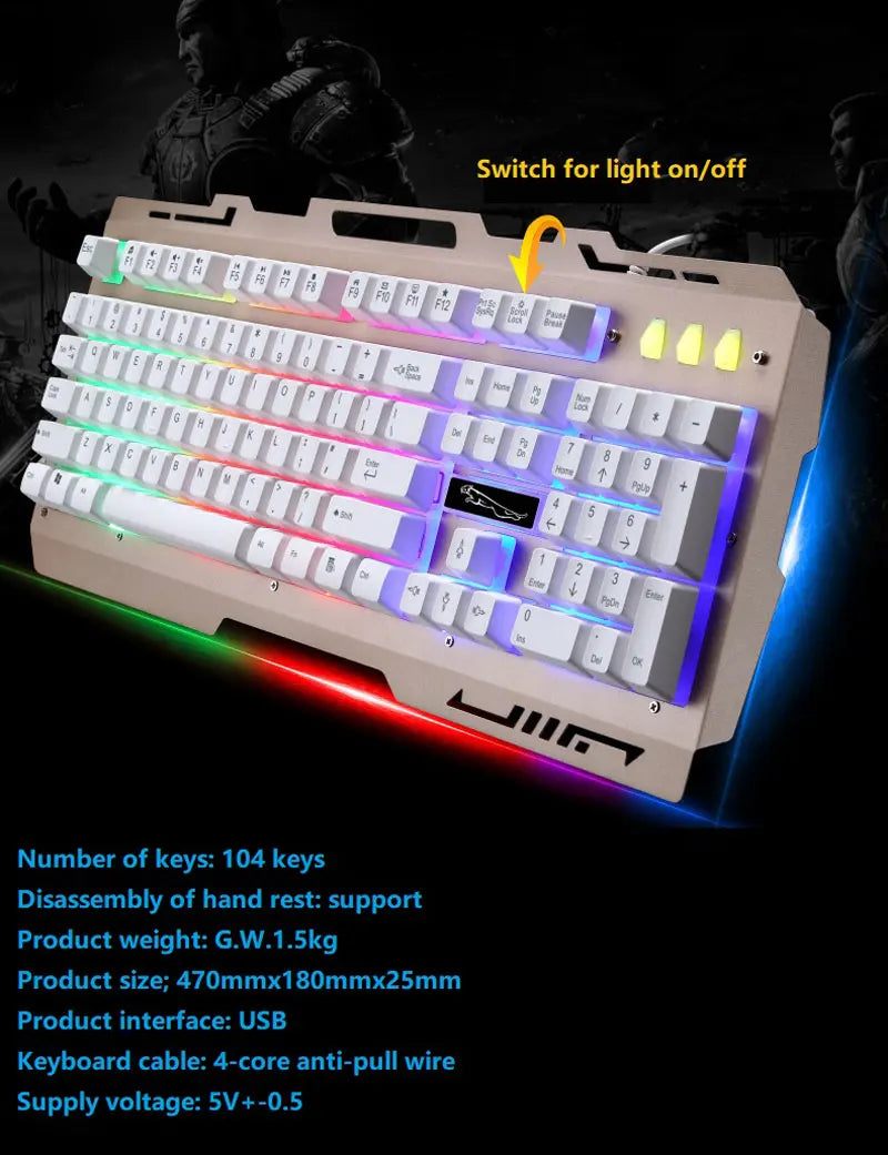 Wired Gaming Keyboard with Phone Holder Suspended Button Mechanical Touch Sense Metal Panel 104 Laser Gamer Keycaps RGB Lighting