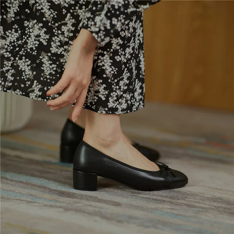 2025 Genuine Leather Women Shoes Fashion Butterfly-knot Spring and Autumn Pumps Slip-On Casual Shoes Chunky Heel Size 34-40