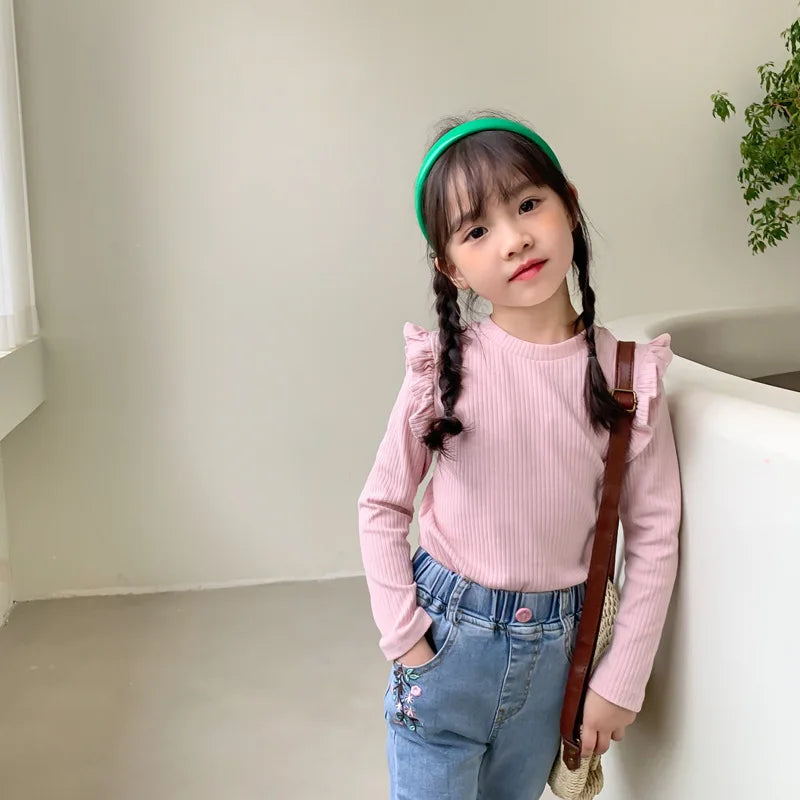 2-8T Toddler Kid Baby Girls Clothes Autumn Ruffles T Shirt Elegant Long Sleeve Cotton tshirt Cute Sweet Pullover Top Basic Tee