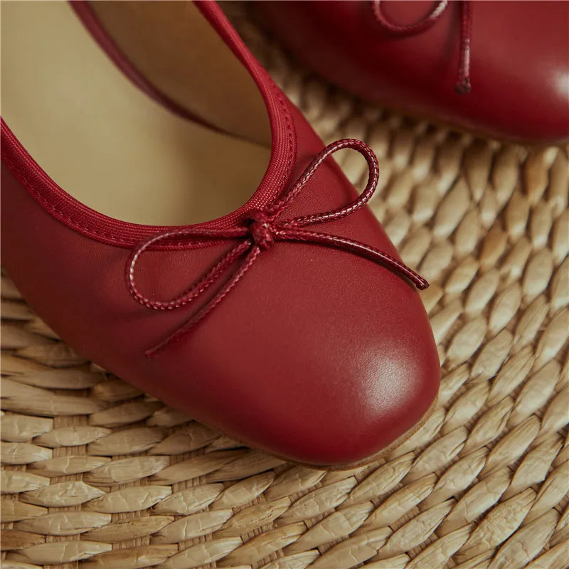 2025 Genuine Leather Women Shoes Fashion Butterfly-knot Spring and Autumn Pumps Slip-On Casual Shoes Chunky Heel Size 34-40