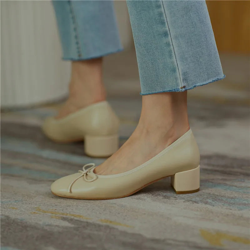 2025 Genuine Leather Women Shoes Fashion Butterfly-knot Spring and Autumn Pumps Slip-On Casual Shoes Chunky Heel Size 34-40