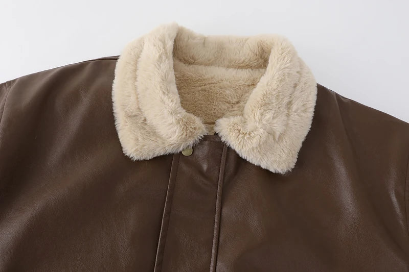 Winter Women's Fur Leather Jacket Long Sleeved Loose Warm Lamb Wool Vintage Thickened Locomotive Lapel Female PU Motorcycle Coat